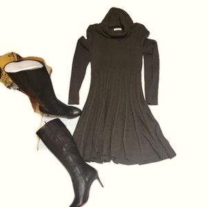 Calvin Klein brown sweater dress. Cowl neck. Faux line bottom. Conforms to body.